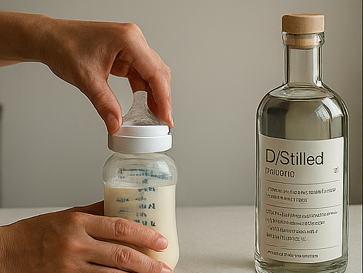 Baby milk bottle placed next to a D/Stilled distilled water glass bottle