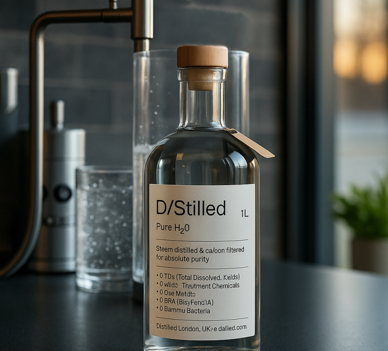 Premium D/Stilled distilled water in a sleek glass bottle on a modern kitchen countertop