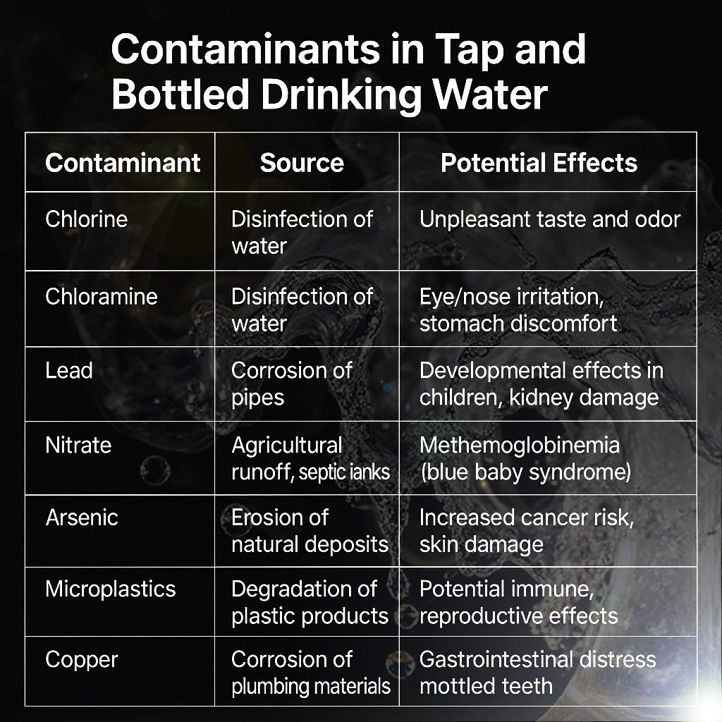 Table showing contaminants found in tap water and bottled water