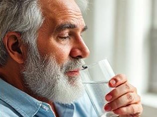 Elderly man drinking distilled water from a glass
