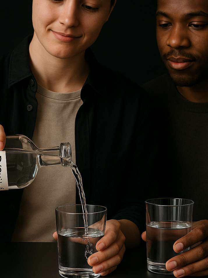 Person pouring D/Stilled distilled water into a glass