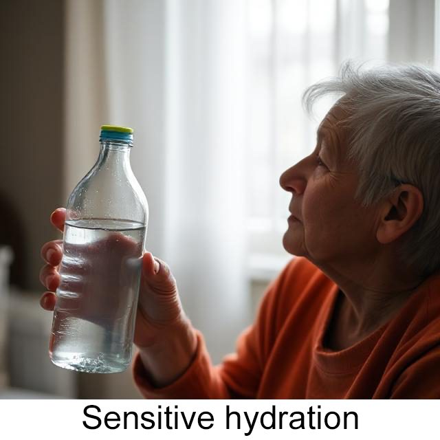 Elderly kidney patient holding a bottle of D/Stilled distilled water